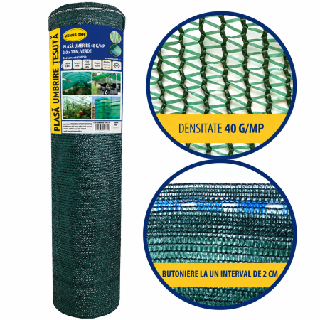 Plasa umbrire 40 g/mp, 2 x 10 m, verde